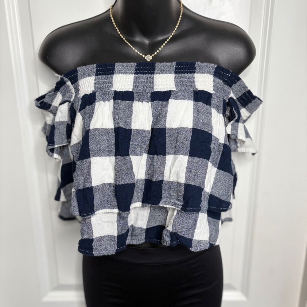 RAILS Lita Navy Blue White Gingham Smocked Off Shoulder Ruffle Blouse Top XS EUC